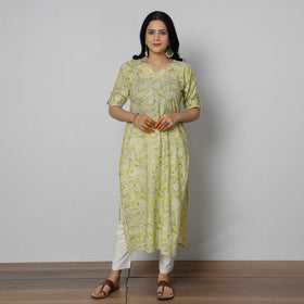  Sanganeri Block Printed Cotton Long Straight Kurta 