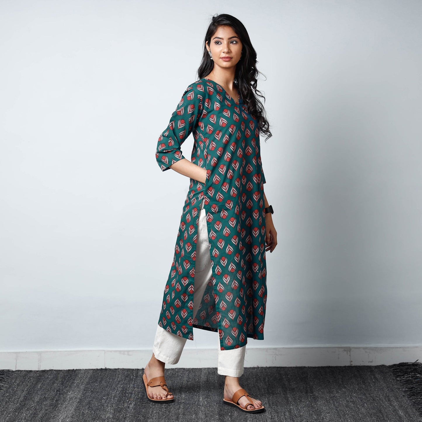 Green - sanganeri printed cotton long straight kurta