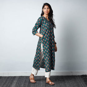 Green - sanganeri printed cotton long straight kurta