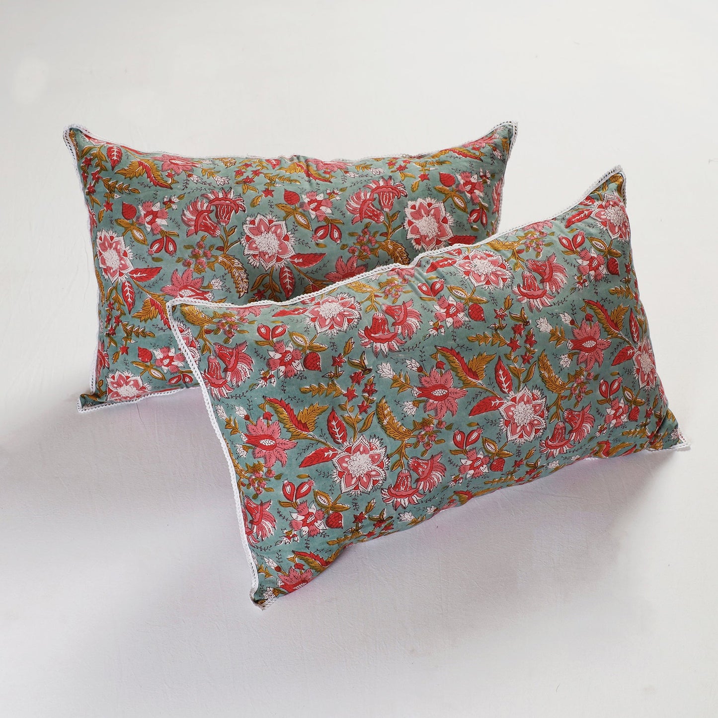 BuySanganeri Block Printed Cotton Pillow Cover With Lace (26 x 16 in) - Set of 2 