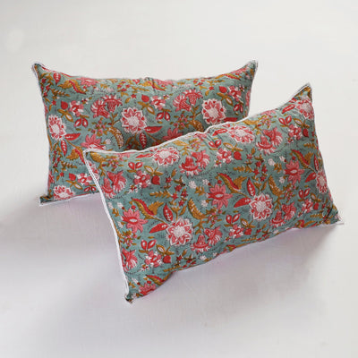 BuySanganeri Block Printed Cotton Pillow Cover With Lace (26 x 16 in) - Set of 2 