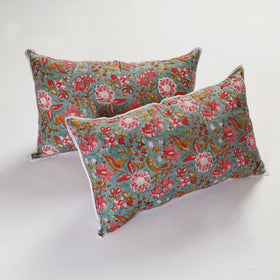 BuySanganeri Block Printed Cotton Pillow Cover With Lace (26 x 16 in) - Set of 2 