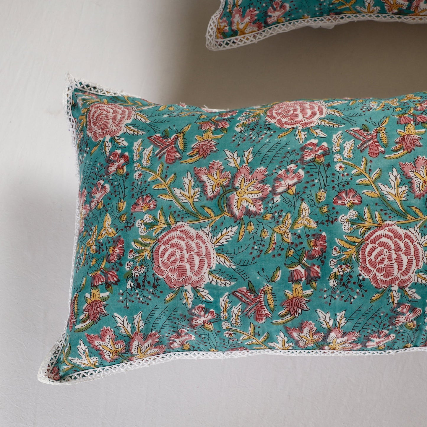 BuySanganeri Block Printed Cotton Pillow Cover With Lace (26 x 16 in) - Set of 2 
