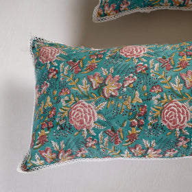 BuySanganeri Block Printed Cotton Pillow Cover With Lace (26 x 16 in) - Set of 2 
