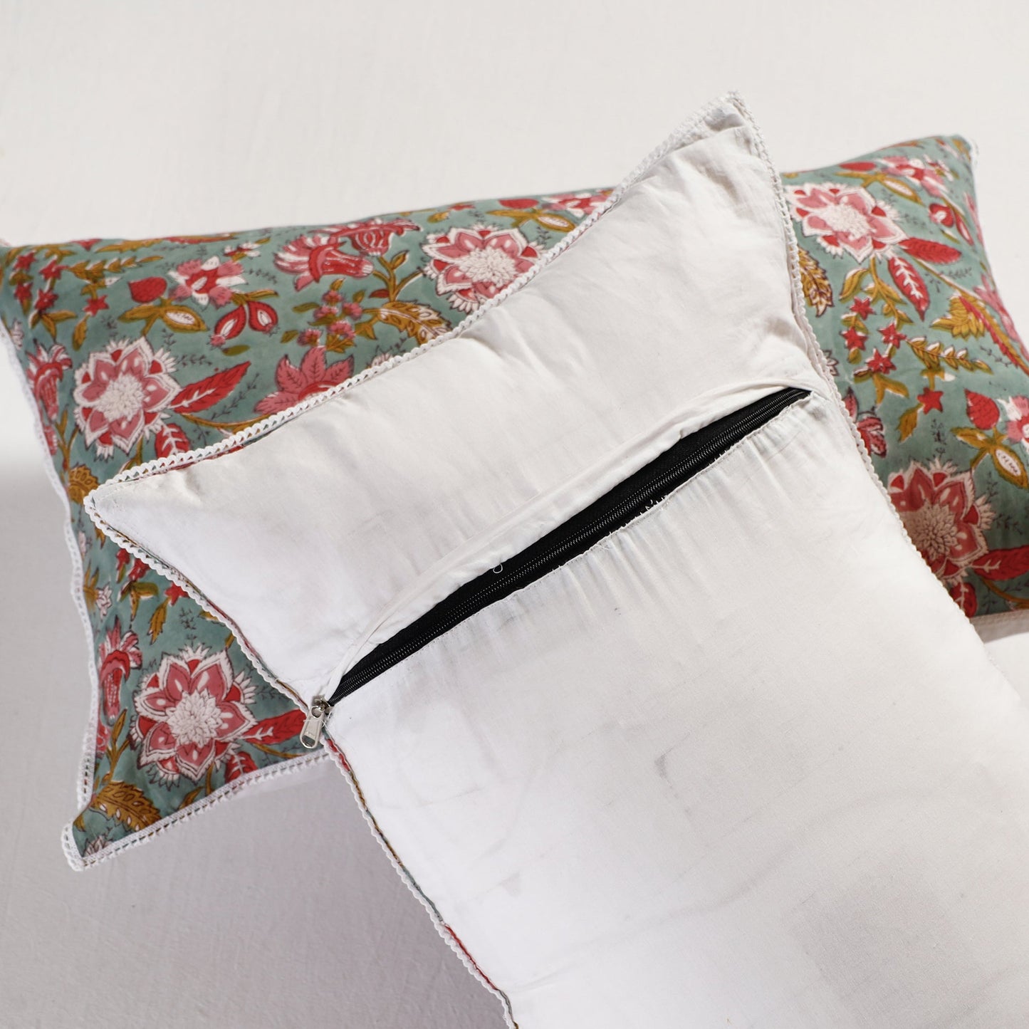 BuySanganeri Block Printed Cotton Pillow Cover With Lace (26 x 16 in) - Set of 2 