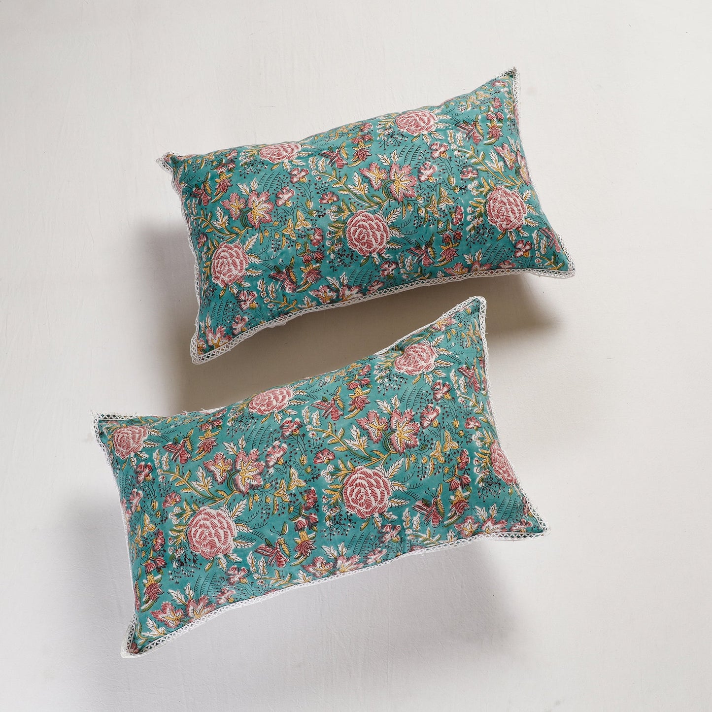 BuySanganeri Block Printed Cotton Pillow Cover With Lace (26 x 16 in) - Set of 2 