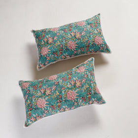 BuySanganeri Block Printed Cotton Pillow Cover With Lace (26 x 16 in) - Set of 2 