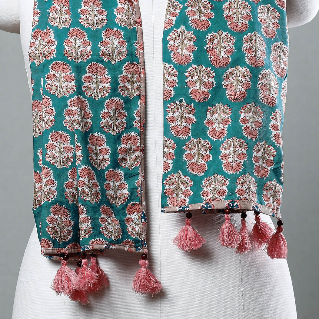 Green - Sanganeri Block Printed Cotton Stole with Tassels
