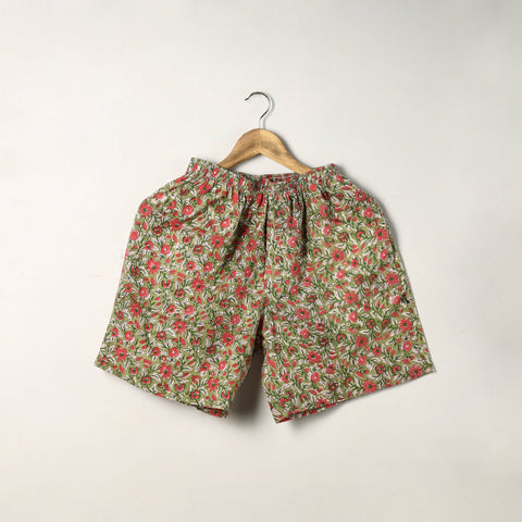Green Sanganeri Block Printed Cotton Unisex Boxer/Shorts 