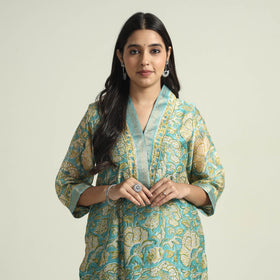  Sanganeri Block Printed Maheshwari Silk Kurta with Palazzo & Dupatta Set 