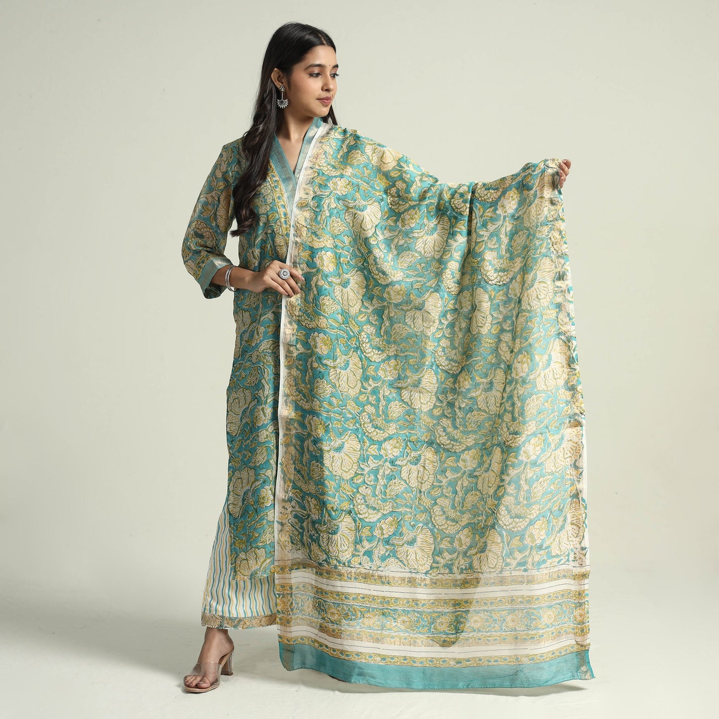  Sanganeri Block Printed Maheshwari Silk Kurta with Palazzo & Dupatta Set 
