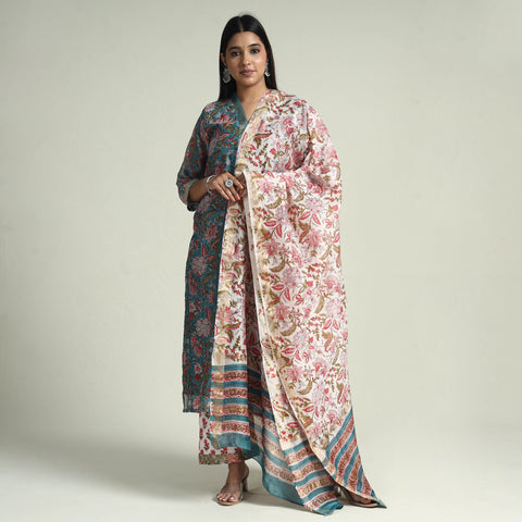  Sanganeri Block Printed Maheshwari Silk Kurta with Palazzo & Dupatta Set Online at iTokri.com