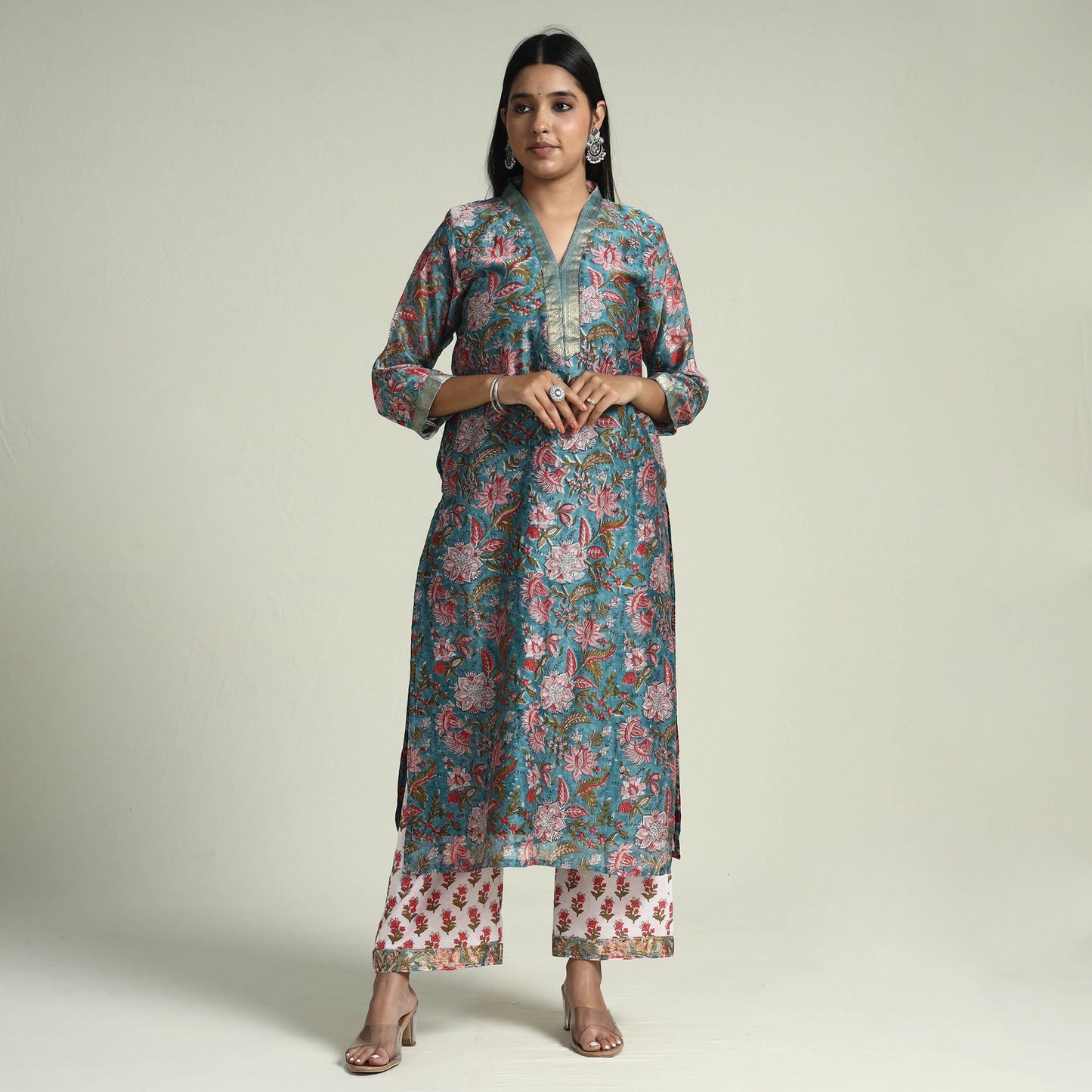  Sanganeri Block Printed Maheshwari Silk Kurta with Palazzo & Dupatta Set Online at iTokri.com