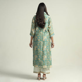  Sanganeri Block Printed Maheshwari Silk Kurta with Palazzo & Dupatta Set 