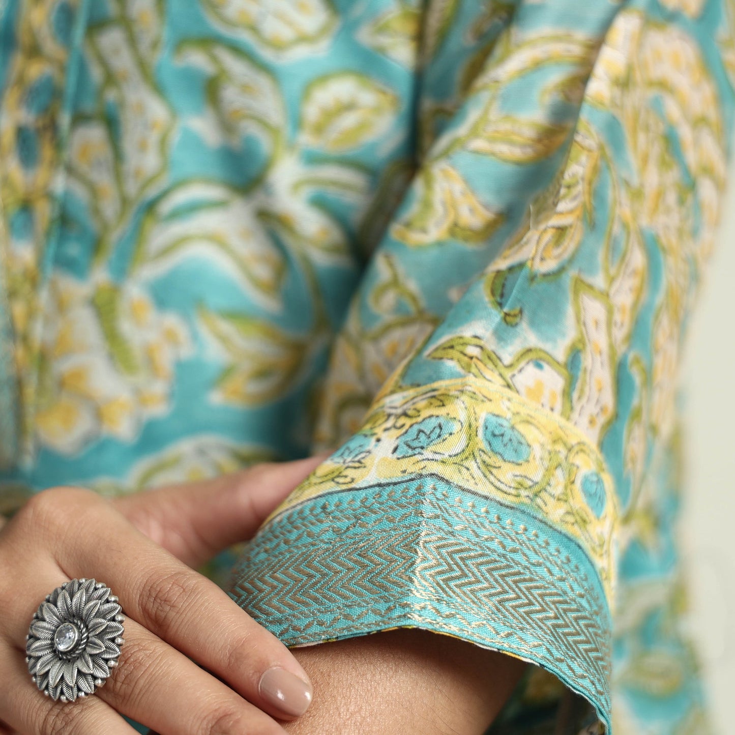  Sanganeri Block Printed Maheshwari Silk Kurta with Palazzo & Dupatta Set 