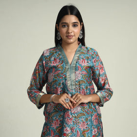  Sanganeri Block Printed Maheshwari Silk Kurta with Palazzo & Dupatta Set Online at iTokri.com