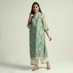  Sanganeri Block Printed Maheshwari Silk Kurta with Palazzo & Dupatta Set 