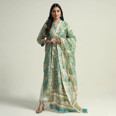  Sanganeri Block Printed Maheshwari Silk Kurta with Palazzo & Dupatta Set 