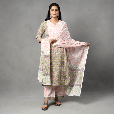 Buy Sanganeri Block Printing Cotton Kurta with Palazzo & Dupatta Set Online at iTokri.com