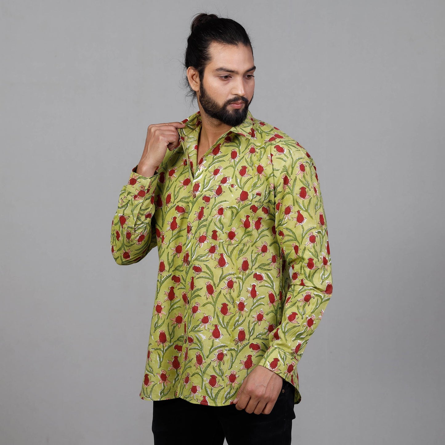 Green - Sanganeri Block Printing Cotton Men Full Sleeve Shirt