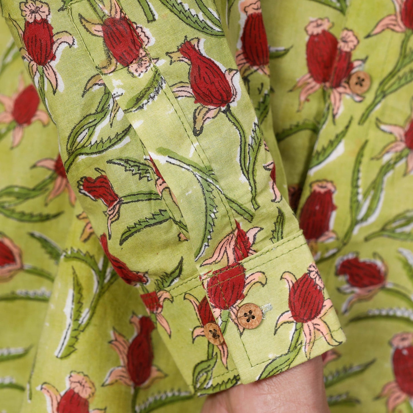 Green - Sanganeri Block Printing Cotton Men Full Sleeve Shirt