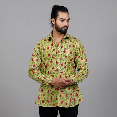 Green - Sanganeri Block Printing Cotton Men Full Sleeve Shirt