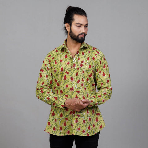 Green - Sanganeri Block Printing Cotton Men Full Sleeve Shirt
