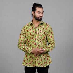 Green - Sanganeri Block Printing Cotton Men Full Sleeve Shirt