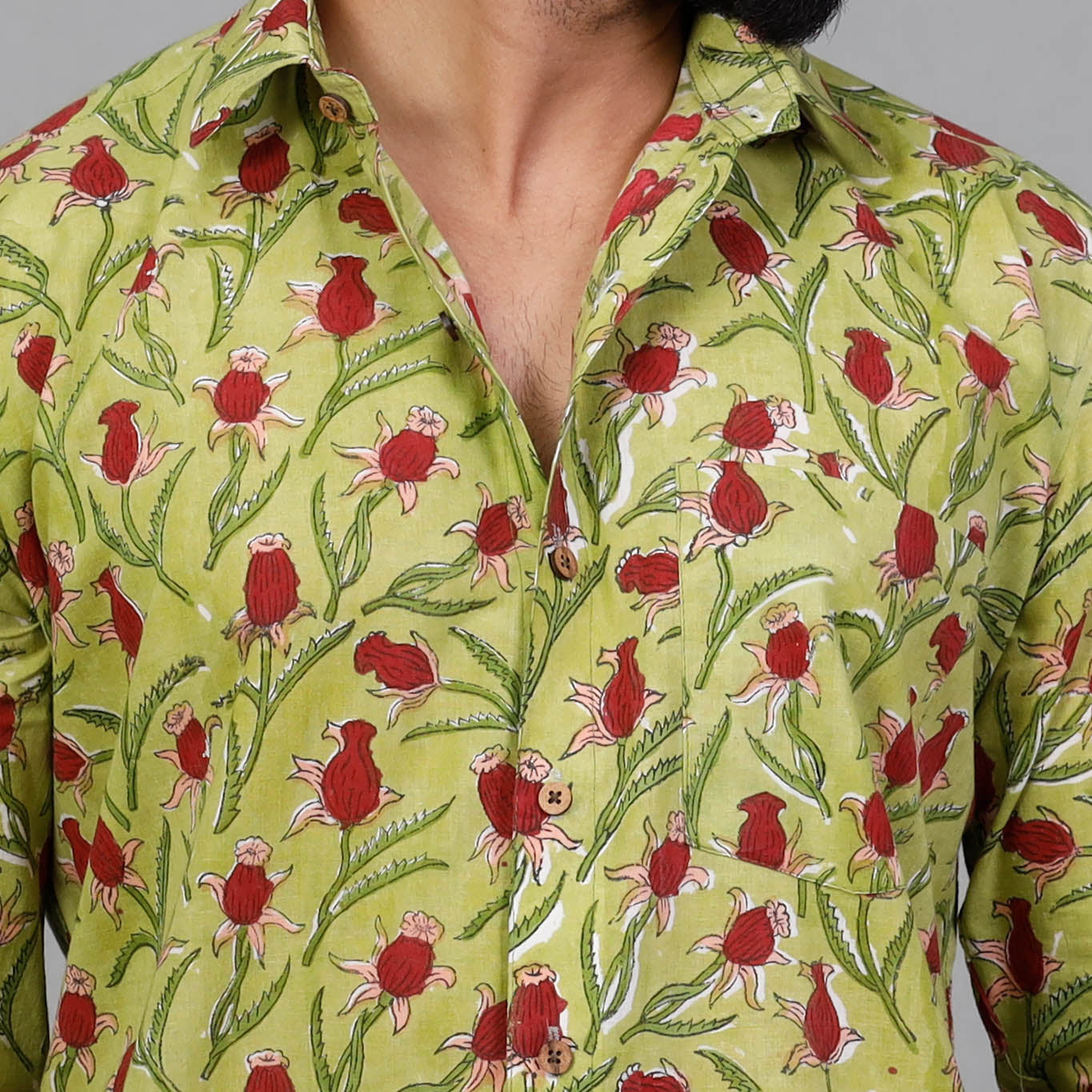 Green - Sanganeri Block Printing Cotton Men Full Sleeve Shirt