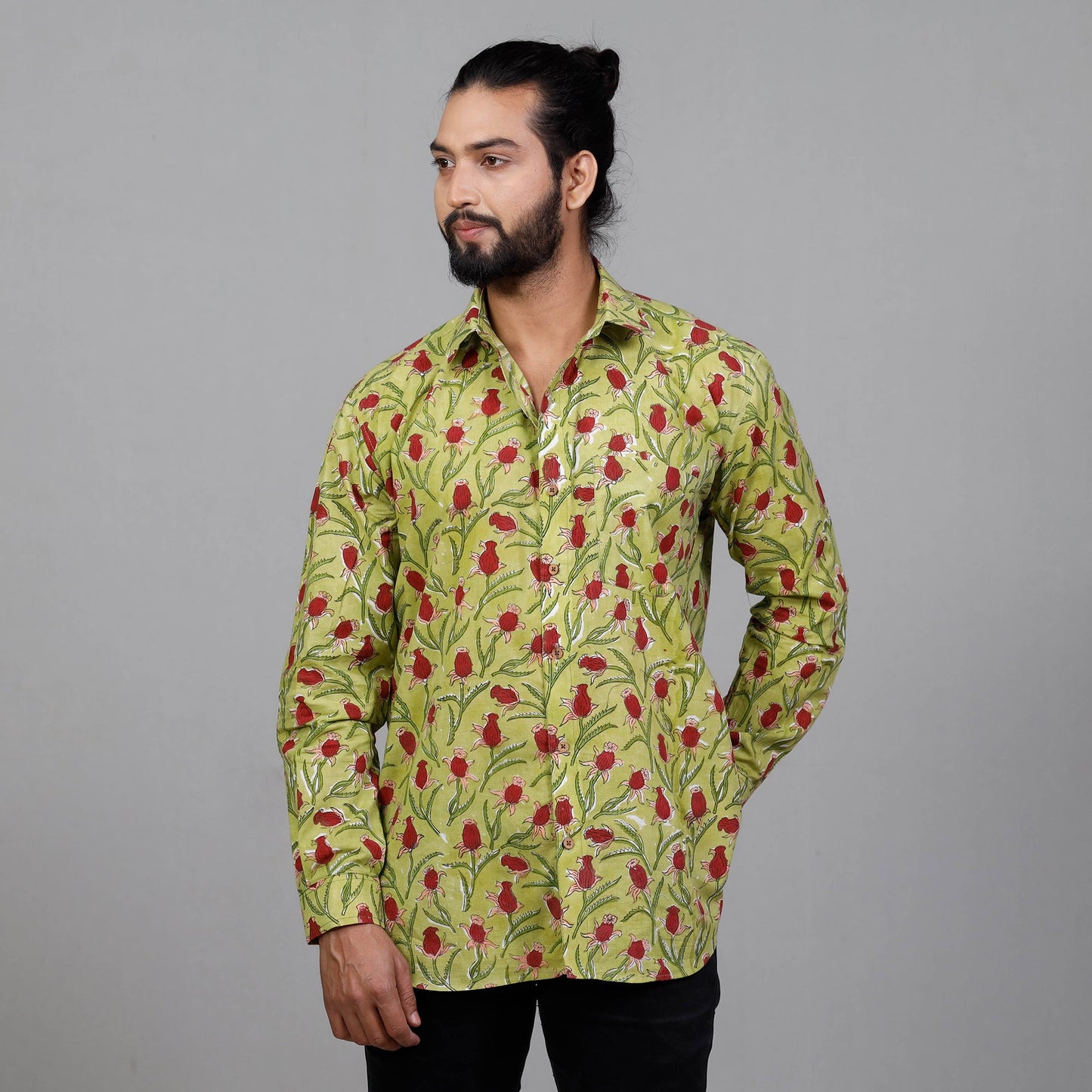 Green - Sanganeri Block Printing Cotton Men Full Sleeve Shirt