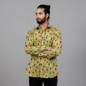 Green - Sanganeri Block Printing Cotton Men Full Sleeve Shirt