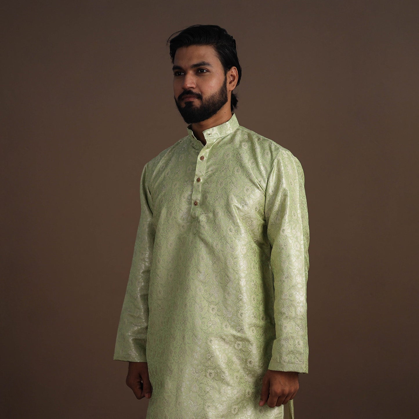 Green Semi Silk Brocade Banarasi Men Kurta