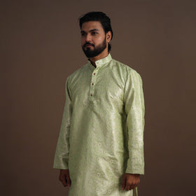 Green Semi Silk Brocade Banarasi Men Kurta