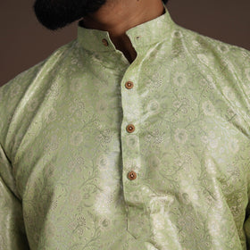 Green Semi Silk Brocade Banarasi Men Kurta