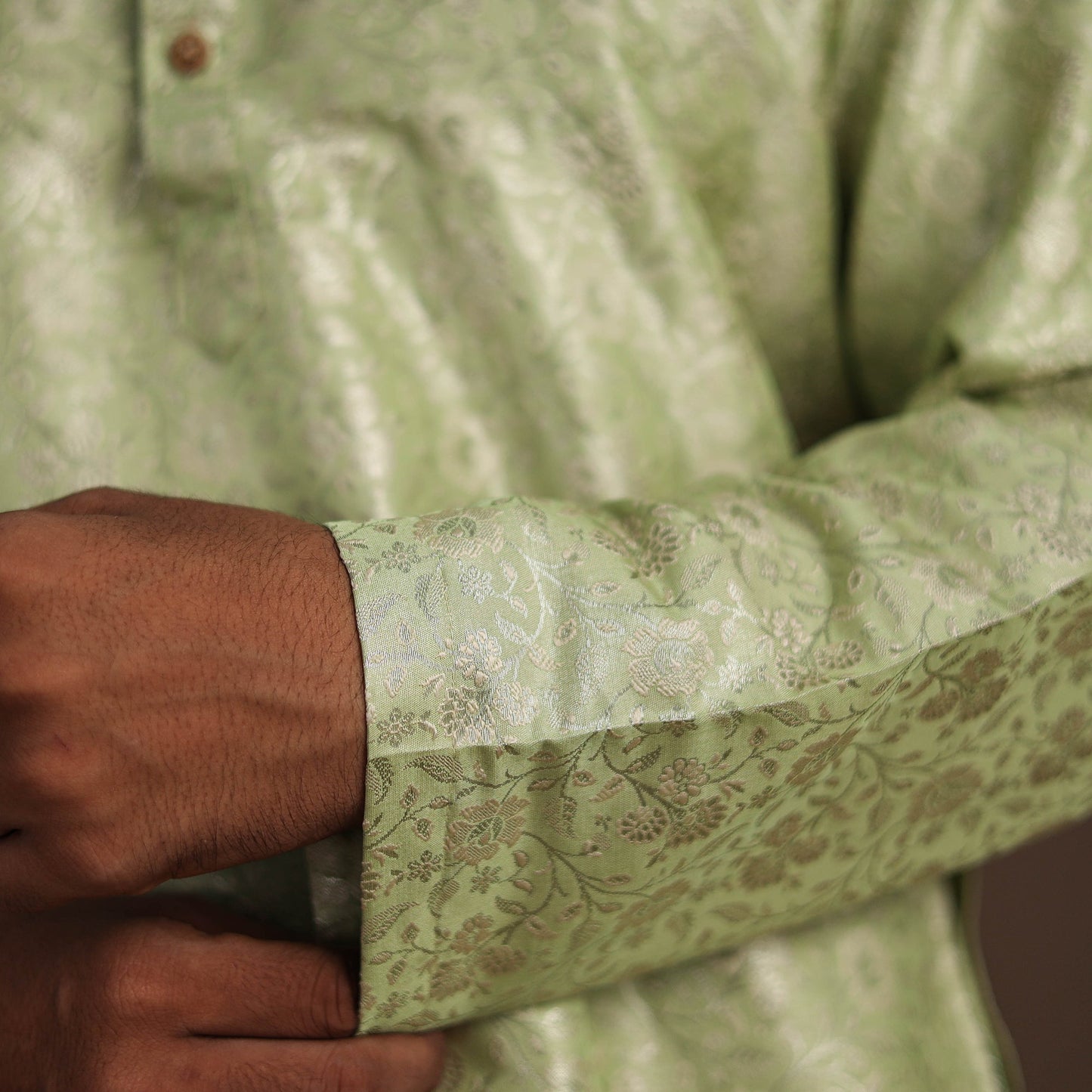Green Semi Silk Brocade Banarasi Men Kurta