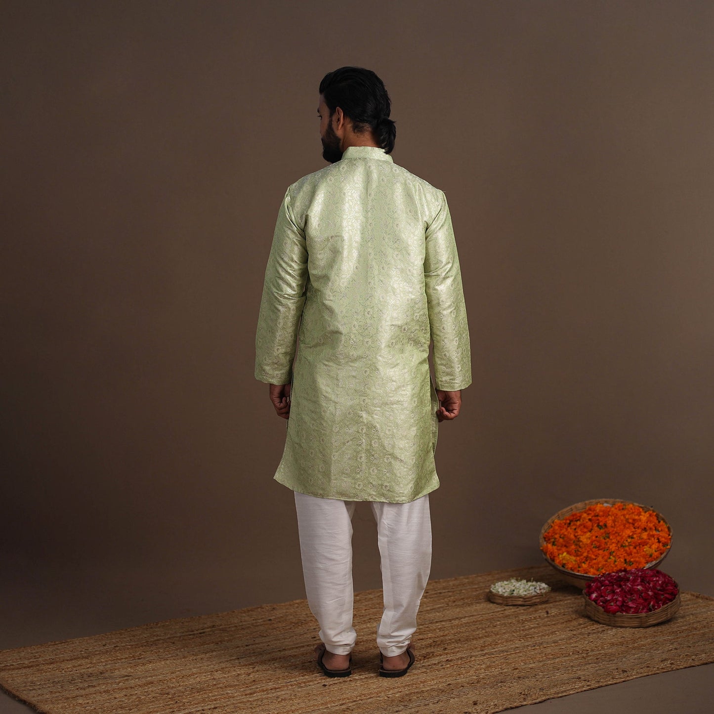 Green Semi Silk Brocade Banarasi Men Kurta