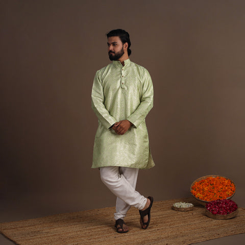 Green Semi Silk Brocade Banarasi Men Kurta