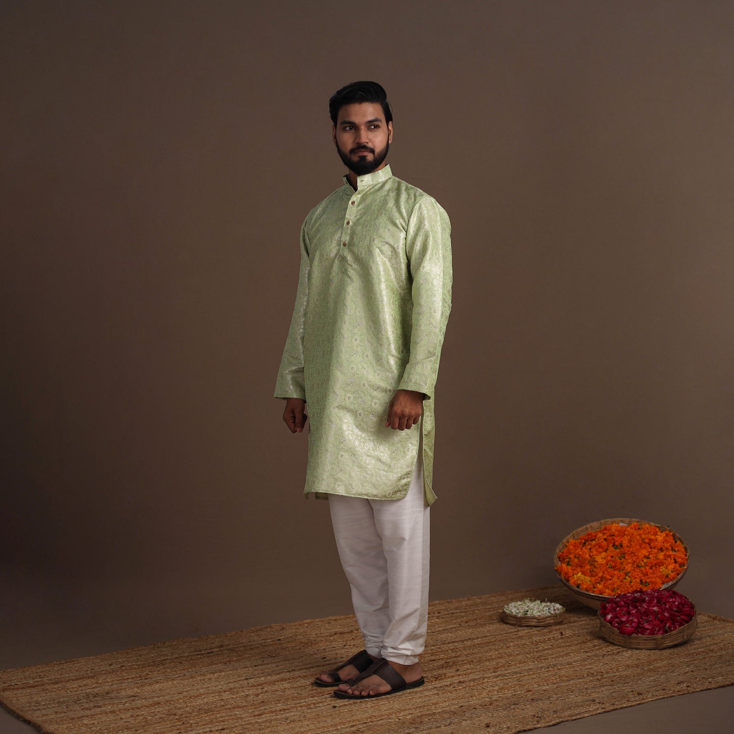 Green Semi Silk Brocade Banarasi Men Kurta