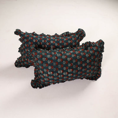 Green Set of 2 Bagru Block Print Cotton Frill Pillow Covers