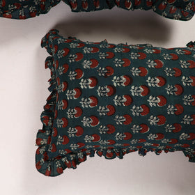 Green Set of 2 Bagru Block Print Cotton Frill Pillow Covers