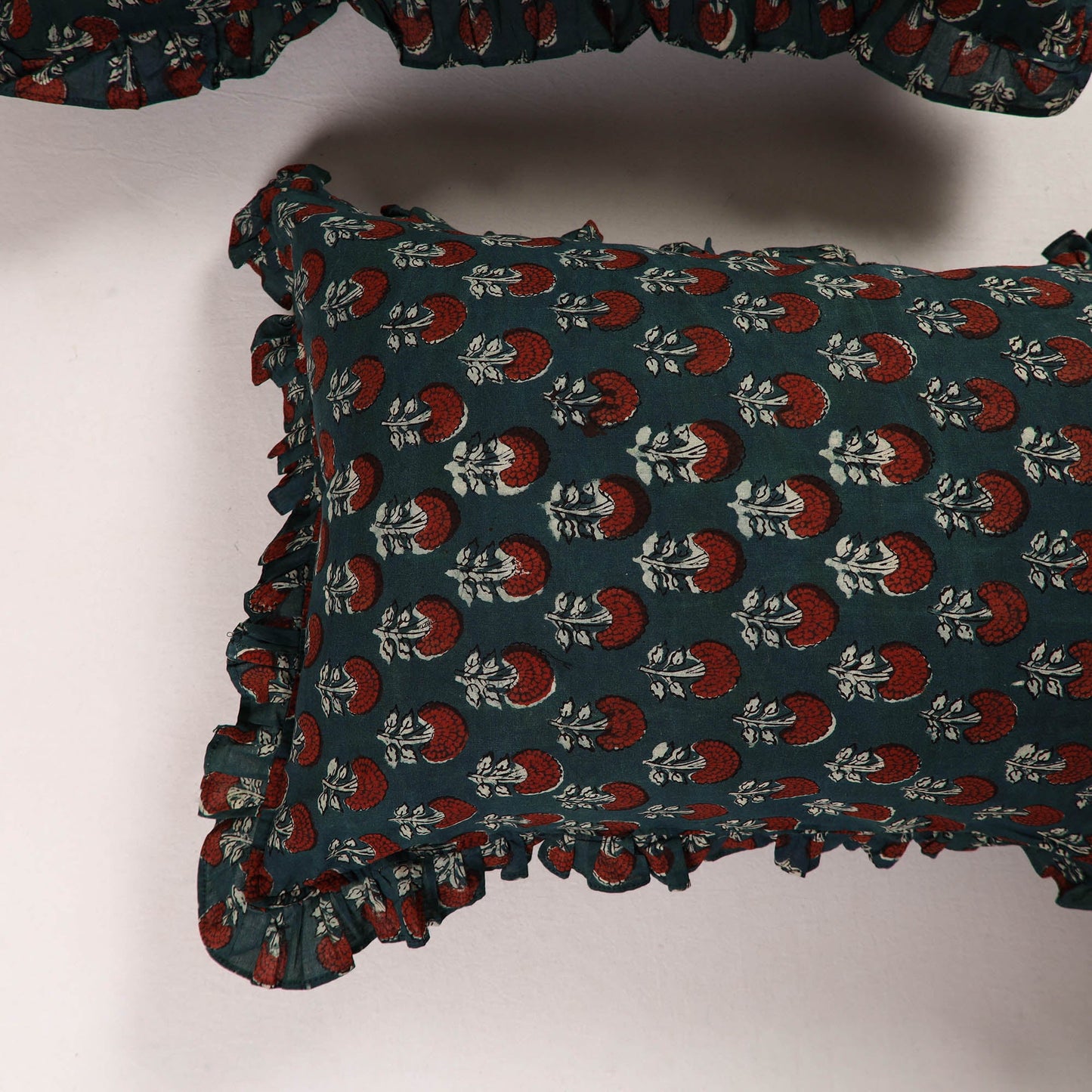 Green Set of 2 Bagru Block Print Cotton Frill Pillow Covers