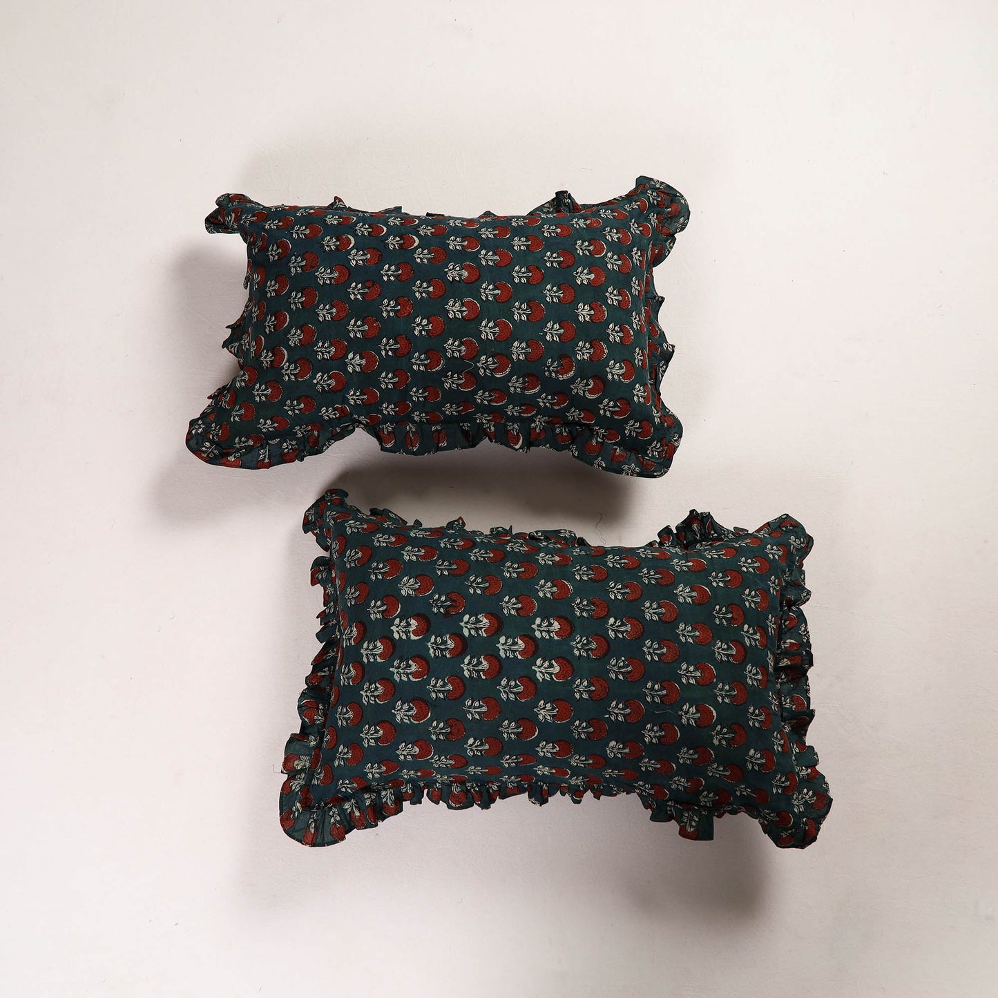 Green Set of 2 Bagru Block Print Cotton Frill Pillow Covers