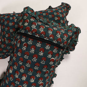 Green Set of 2 Bagru Block Print Cotton Frill Pillow Covers