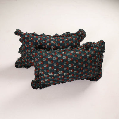 Green Set of 2 Bagru Block Print Cotton Frill Pillow Covers