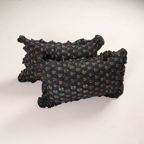 Green Set of 2 Bagru Block Print Cotton Frill Pillow Covers