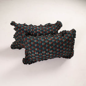 Green Set of 2 Bagru Block Print Cotton Frill Pillow Covers