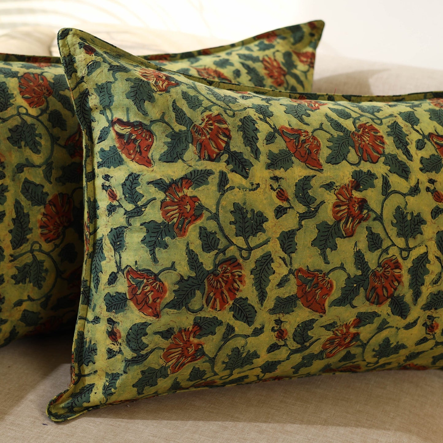 Green - Set of 2 Bagru Block Print Cotton Pillow Covers 19