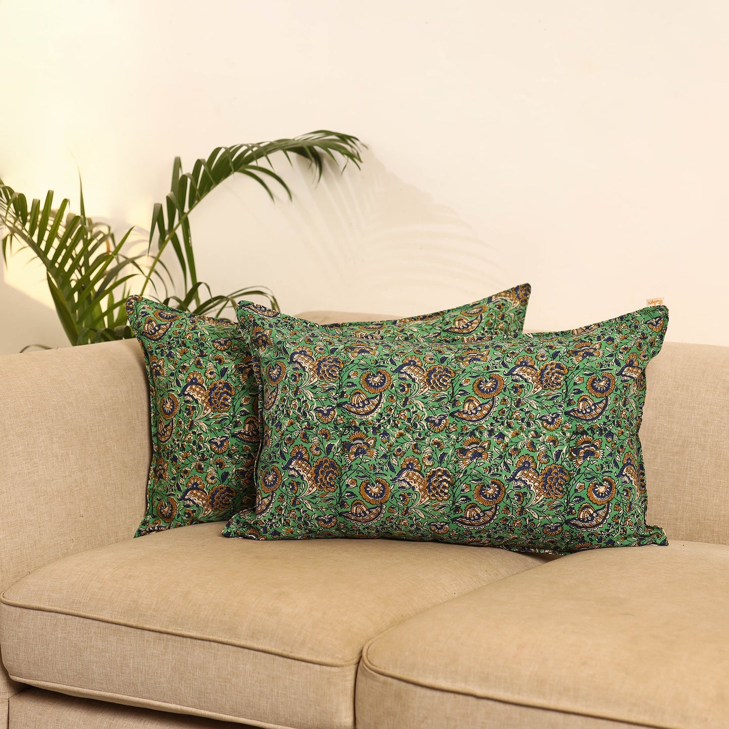 Green - set of 2 bagru hand pillow covers 12 - handcrafted