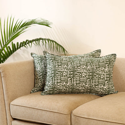 Green Set of 2 Hand Batik Print Cotton Pillow Covers