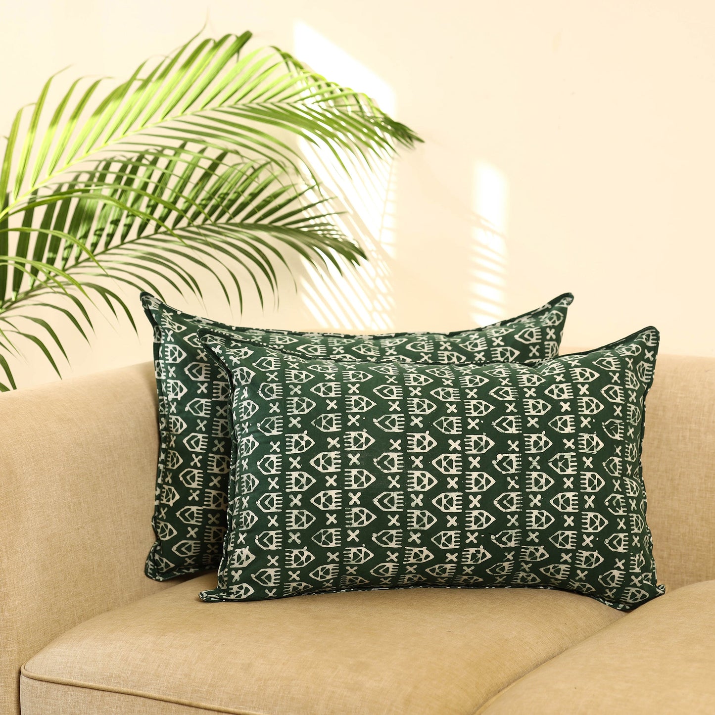 Buy Set of 2 Green Hand Batik Print Cotton Pillow Covers